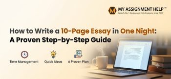 Featured guide titled How to Write a 10-Page Essay in One Night, featuring a laptop, coffee, and icons for time management and planning.