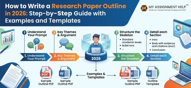 Infographic showing a 4-step process to write a research paper outline, featuring a central student icon, template examples, and the logo.png logo in the top right corner.