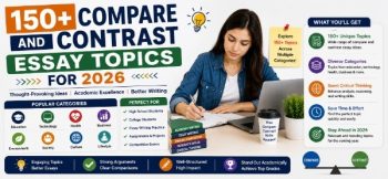 Compare and contrast essay topics banner featuring a student writer, topic categories, and academic writing resources for students.