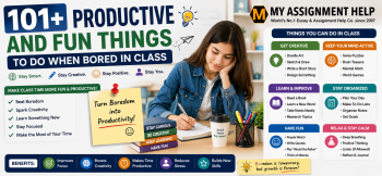 Fun and productive classroom activities banner featuring a student, creative ideas, learning activities, and boredom-busting tips.