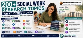 Social work research topics banner featuring a student researcher, community support themes, social justice concepts, and academic research areas.