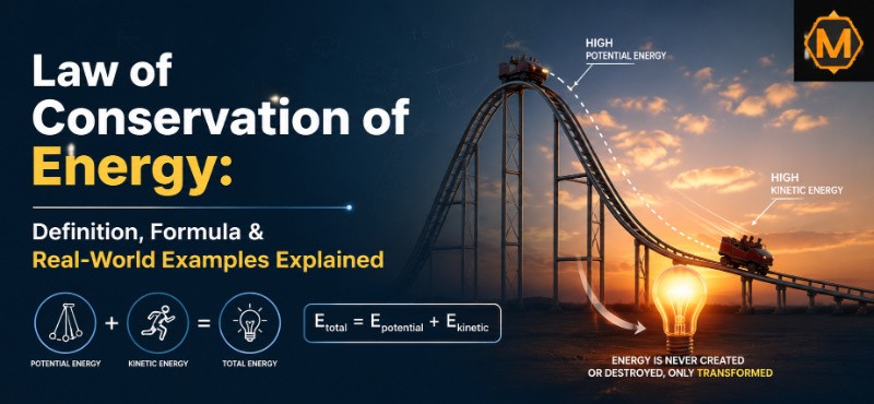 Illustration of the Law of Conservation of Energy showing a roller coaster converting potential energy into kinetic energy, the energy conservation formula, and the MyAssignmentHelp logo in the top-right corner.