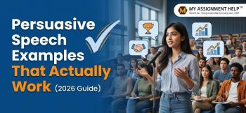 Student speaking with conviction in college hall; checkmark and speech icons visualize effective persuasive speech examples that actually work in 2026.