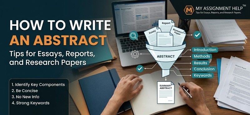 Overhead view of a student writing at a desk, with an infographic funnel showing papers filtered into a concise abstract summary.