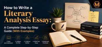 Educational banner showing how to write a literary analysis essay with an open notebook, classic books, literary analysis diagram, writing steps, and company logo in the top-right corner.