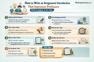 Step-by-step guide on how to write an impressive assignment introduction, covering purpose, hook, thesis, background info, narrowing the topic, structure, and using academic tone, with pro tips.