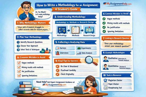 A guide on how to write a methodology for an assignment, featuring steps like planning, collecting data, and common mistakes to avoid.
