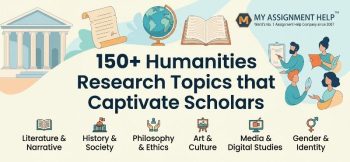 Banner for "150+ Humanities Research Topics that Captivate Scholars" featuring academic icons, studying scholars, and the MyAssignmentHelp logo.