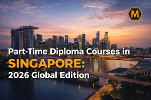 Student studying for a part-time diploma in Singapore on a laptop with the city skyline in the background.