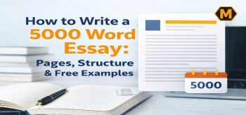 Laptop displaying a graded 1500-word essay with an A plus, surrounded by books and pens on a blue desk.