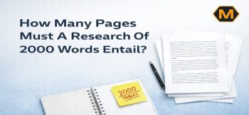 An open notebook with a "2000 Tables" sticky note alongside a research paper titled "How Many Pages Must A Research Of 2000 Words Entail?"
