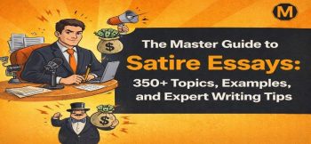 An illustrative graphic titled "The Master Guide to Satire Essays" featuring a businessman, a wealthy character with money bags, and a megaphone.