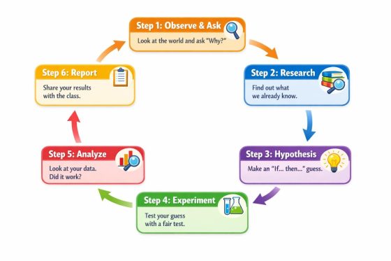 Scientific method steps diagram showing observe ask, research, hypothesis, experiment, analyze, and report.