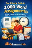 An educational graphic titled "The Ultimate Guide to 2,000-Word Assignments: Pages, Time, and Productivity" featuring a young man working on a laptop at a desk surrounded by time-management and academic icons.