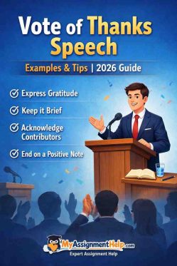 An infographic for a 2026 Vote of Thanks Speech guide featuring a professional speaker at a podium with four key tips: Express Gratitude, Keep it Brief, Acknowledge Contributors, and End on a Positive Note.