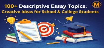 Illustration showing books, a clipboard, a pencil, and a graduation cap, representing 100+ descriptive essay topics for school and college students.