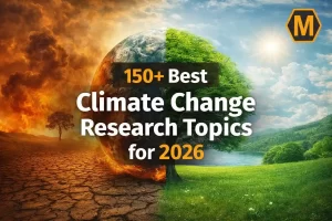 An illustrative educational poster featuring a split globe showing a melting arctic on one side and a burning forest on the other, surrounded by research tools like a magnifying glass, beakers, and a thermometer.