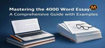 Laptop and stacked papers representing a comprehensive guide to mastering a 4000-word essay with examples.