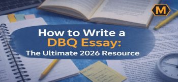How to write a DBQ essay ultimate 2026 resource banner with notebooks, textbook, pencil and study materials