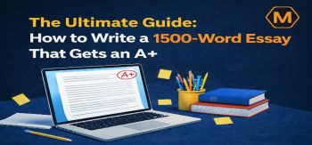 Laptop displaying a 1500-word essay with an A plus grade, surrounded by books and pens on a blue desk.