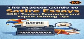 A digital illustration featuring a typewriter, a jester's hat, and a magnifying glass over a book, promoting a guide for writing satire essays