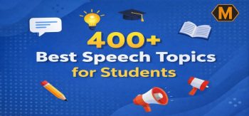 400+ best speech topics for students banner – illustrated boy and girl giving speeches, microphones, books, globe, and lightbulb icons – MyAssignmentHelp.com 2026 list.