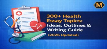 300+ health essay topics guide with medical clipboard, stethoscope, heart icon and 2026 update text