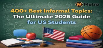 400+ best informal topics guide for US students 2026 with books, apple, basketball and American flag