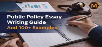 Public policy essay writing guide with gavel, notebook, charts and 100+ examples text