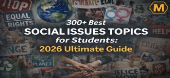 Educational banner for "300+ Best Social Issues Topics for Students" featuring a collage of global protest signs and diverse hands.