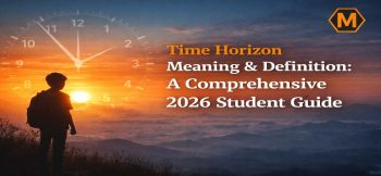 Time horizon meaning and definition illustrated with student looking at sunrise and clock overlay