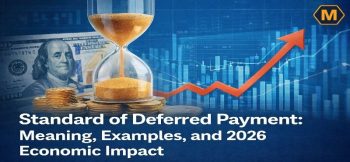 A conceptual banner for "Standard of Deferred Payment" featuring an hourglass, a $100 bill, gold coins, and a rising stock market graph to represent time and credit.