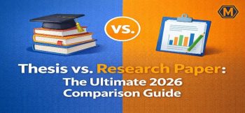 Comparison table showing the major differences between a thesis and a research paper for US college students, including word count, original research, and defense requirements.