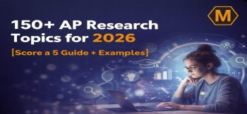 A promotional banner for "150+ AP Research Topics for 2026," featuring a student working at a laptop against a high-tech, glowing digital background.