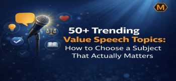 Promotional banner for a blog titled "50+ Trending Value Speech Topics: How to Choose a Subject That Actually Matters" featuring a microphone and educational icons.
