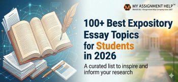 Banner for "100+ Best Expository Essay Topics for Students in 2026" featuring an open book, quill, and company logo.