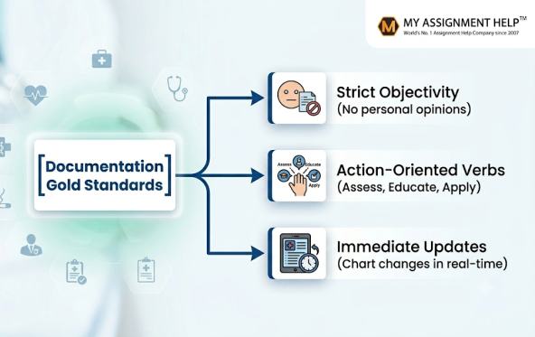 A horizontal infographic from "Documentation Gold Standards" to "Strict Objectivity," "Action-Oriented Verbs," and "Immediate Updates.