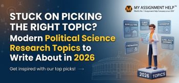 A researcher surrounded by political science topics like AI in elections and climate policy for a 2026 academic guide
