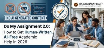 A banner promoting human-written, AI-free academic assistance in 2026, featuring students collaborating at a table with a logo